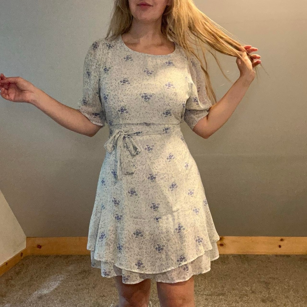 VTG Inspired Gilli Chiffon Ditzy Floral Mini Dress Blue White Coquette Size L